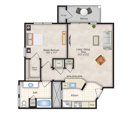 Floor plan for 1 bed, 1 bath, 860 sqft