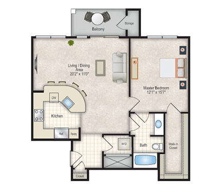 Floor plan for 1 bed, 1 bath, 912 sqft