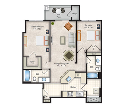 Floor plan for 2 beds, 2 baths, 1076 sqft