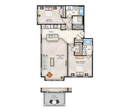 Floor plan for 2 beds, 2 baths, 1100 sqft