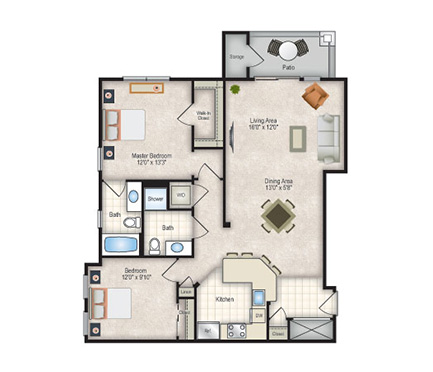 Floor plan for 2 beds, 2 baths, 1168 sqft