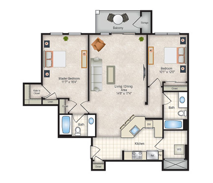 Floor plan for 2 beds, 2 baths, 1178 sqft