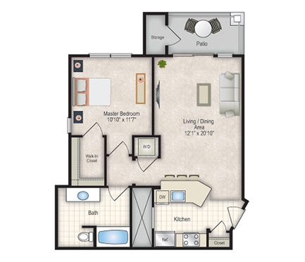 Floor plan for 1 bed, 1 bath, 776 sqft