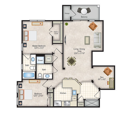 Floor plan for 2 beds, 2 baths, 1205 sqft