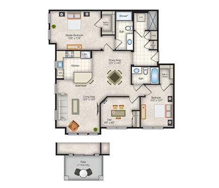 Floor plan for 2 beds, 2 baths, 1299 sqft