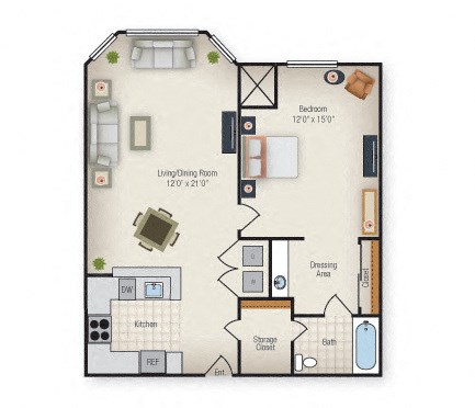 Floor plan for 1 bed, 1 bath, 721 sqft