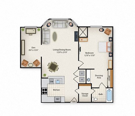 Floor plan for 1 bed, 1 bath, 844 sqft
