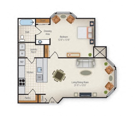 Floor plan for 1 bed, 1 bath, 739 sqft