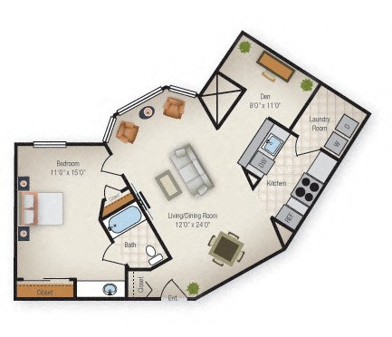 Floor plan for 1 bed, 1 bath, 868 sqft