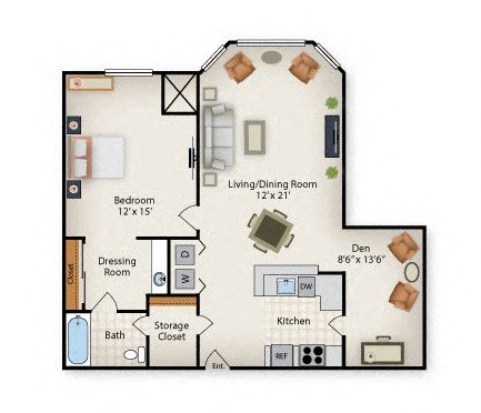 Floor plan for 1 bed, 1 bath, 844 sqft