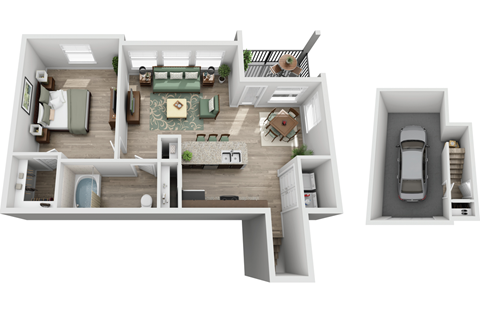 Floor plan for 1 bed, 1 bath, 840 sqft