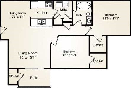 Floor plan for 2 beds, 1 bath, 1117 sqft