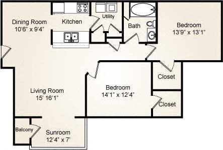 Floor plan for 2 beds, 1 bath, 1212 sqft