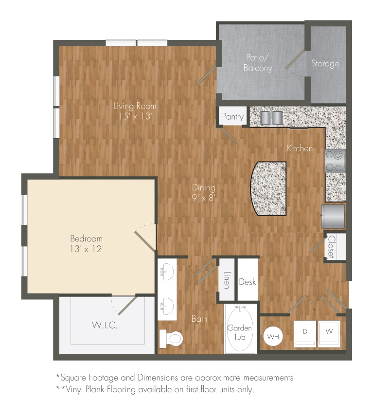 Floor plan for 1 bed, 1 bath, 961 sqft