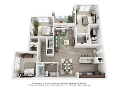 Floor plan for 3 beds, 2 baths, 1316 sqft