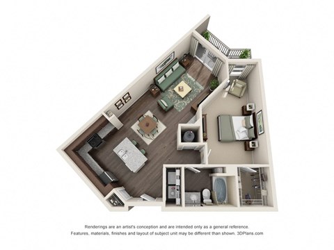 Floor plan for 1 bed, 1 bath, 832 sqft