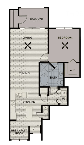 Floor plan for 1 bed, 1 bath, 936 sqft