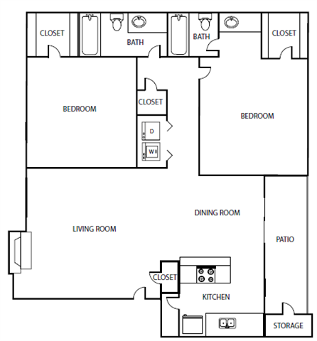 Floor plan for 2 beds, 2 baths, 1004 sqft