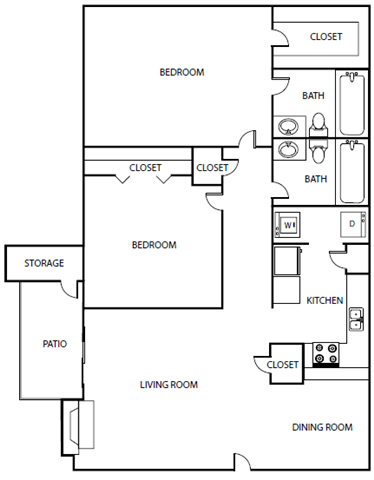 Floor plan for 2 beds, 2 baths, 911 sqft