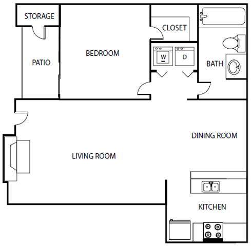 Floor plan for 1 bed, 1 bath, 672 sqft