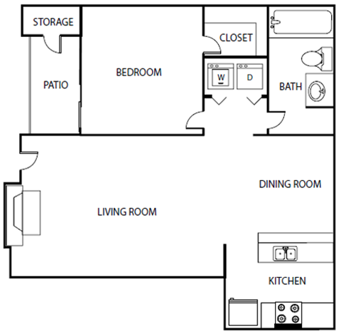 Floor plan for 1 bed, 1 bath, 656 sqft