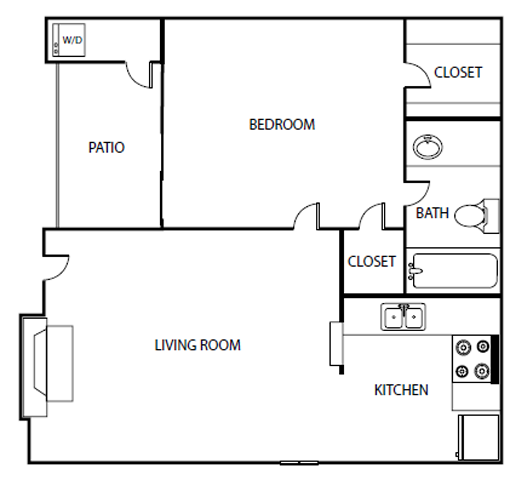 Floor plan for 1 bed, 1 bath, 524 sqft