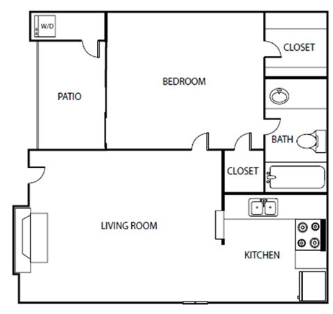 Floor plan for 1 bed, 1 bath, 524 sqft