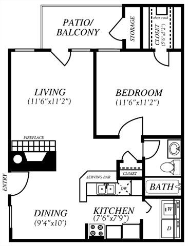 Floor plan for 1 bed, 1 bath, 660 sqft
