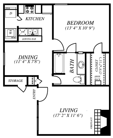 Floor plan for 1 bed, 1 bath, 725 sqft