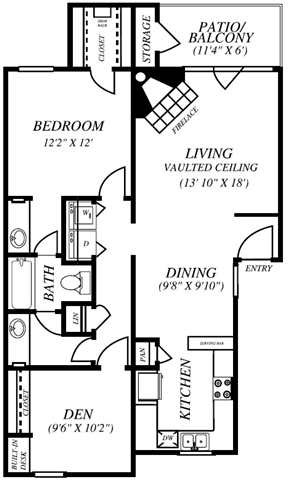 Floor plan for 2 beds, 1 bath, 927 sqft