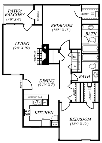 Floor plan for 2 beds, 2 baths, 1022 sqft
