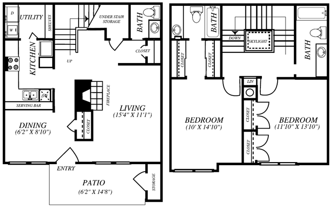 Floor plan for 2 beds, 2 baths, 1277 sqft