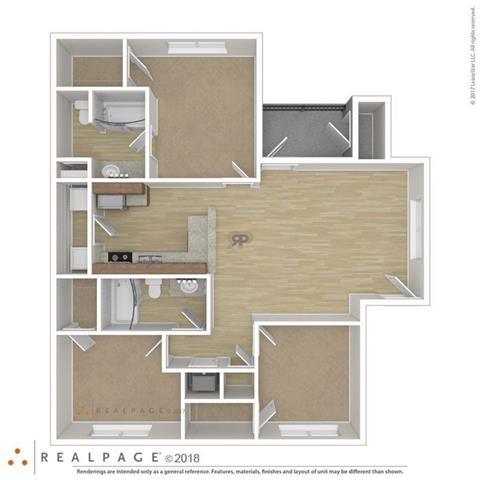 Floor plan for 3 beds, 2 baths, 1164 sqft