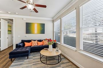Pflugerville apartment for rent - A living room with a blue couch and a painting on the wall.