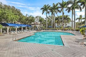 Boynton Beach apartment for rent - a resort style swimming pool with chaise lounge chairs and palm trees in the background