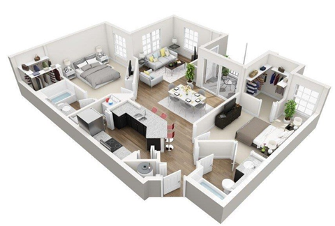Floor plan for 2 beds, 2 baths, 1224 sqft