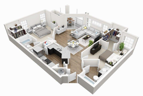 Floor plan for 2 beds, 2 baths, 1250 sqft