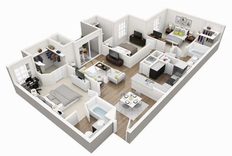 Floor plan for 3 beds, 2 baths, 1370 sqft