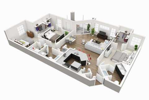Floor plan for 3 beds, 2 baths, 1483 sqft