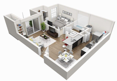 Floor plan for 1 bed, 1 bath, 802 sqft