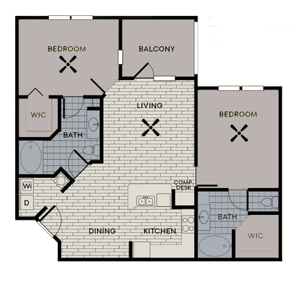 Floor plan for 2 beds, 2 baths, 1085 sqft