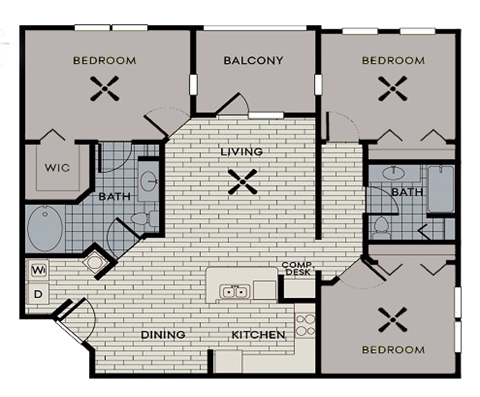 Floor plan for 3 beds, 2 baths, 1204 sqft