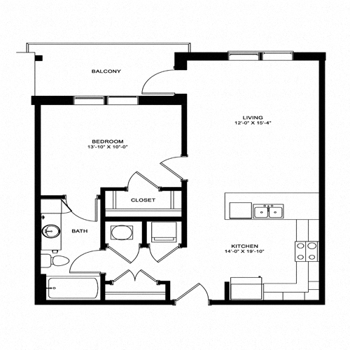 Floor plan for 1 bed, 1 bath, 750 sqft
