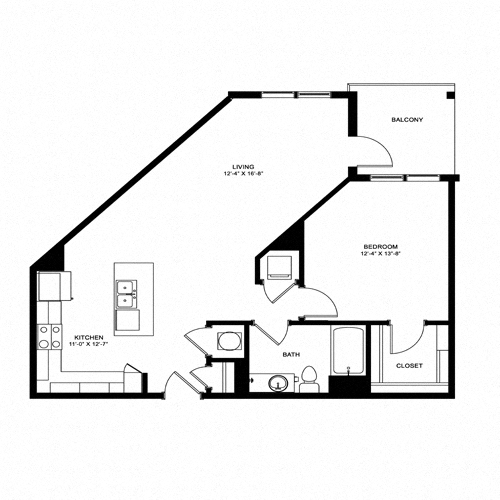 Floor plan for 1 bed, 1 bath, 865 sqft