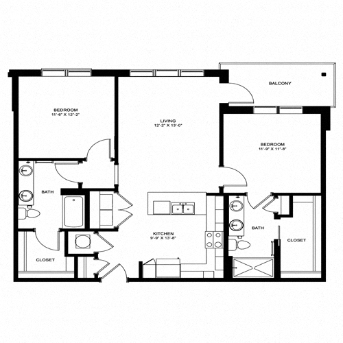 Floor plan for 2 beds, 2 baths, 1093 sqft