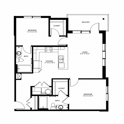 Floor plan for 2 beds, 2 baths, 1100 sqft