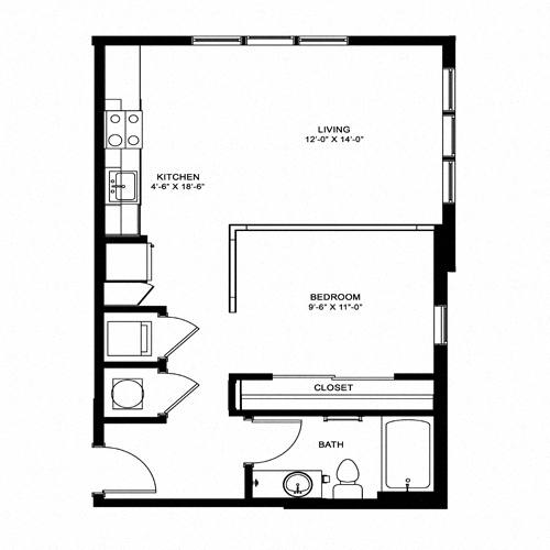 Floor plan for studio, 1 bath, 628 sqft