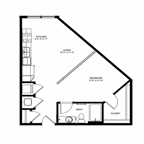 Floor plan for studio, 1 bath, 645 sqft