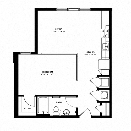 Floor plan for studio, 1 bath, 724 sqft