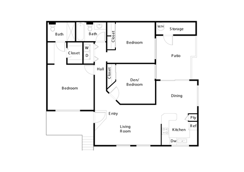 Floor plan for 3 beds, 2 baths, 1194 sqft